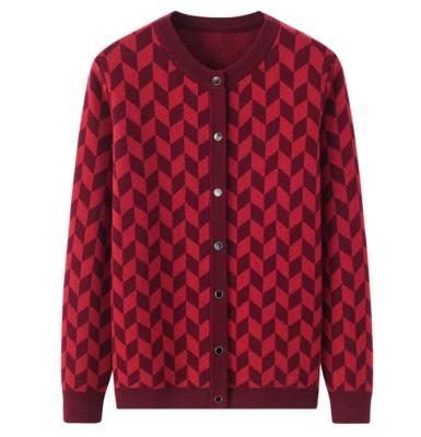 China Anti-Wrinkle OEM Customized Wool High Quality Cashmere Jacquard Geometric Cardigan for sale