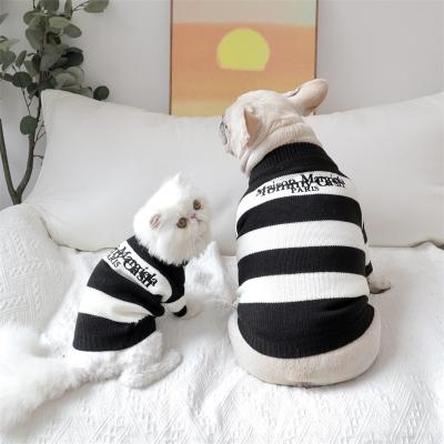 China Fashion Stocked Fall And Winter Customized Same Black And White Stripe Warm Sweater For Dog Cat Pet And People for sale