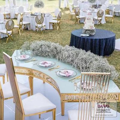 China Sale modern high quality semicircle leg stainless steel glass table wedding metal table for sale