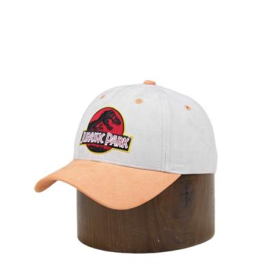 China COMMON hign quality suede baseball cap ,custom 3D embroidery jurassic park curved brim sports cap for sale