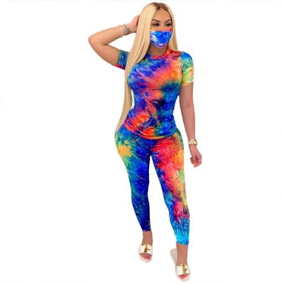 China Sustainable Fashionable Women Clothing Fashion Sexy Tie Dye Casual Top And Sport Pants Two Piece Set With Mask for sale