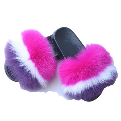 China Fashion Trend 2021 Latest Summer Women Real Fluffy Fox Fur Soft Slides In Green Fluffy Slipper for sale