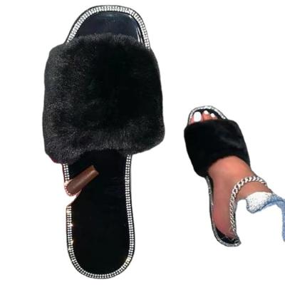 China Fashion Trend Wholesale Women's Rhinestone Plush Flat Slippers for sale