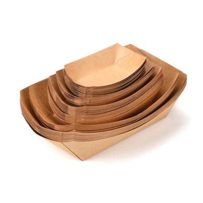 China Eco Friendly Disposable Grease Resistant Brown Kraft Paper Boat Shape Trays Take Away Box For Food for sale