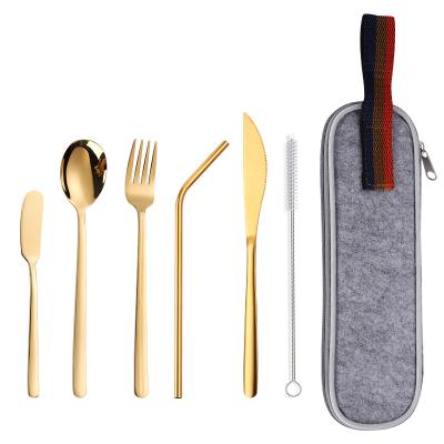 China Travel Sustainable Camping Portable Cutlery Set Stainless Steel Knife Fork Spoon Chopsticks With Felt Bag for sale