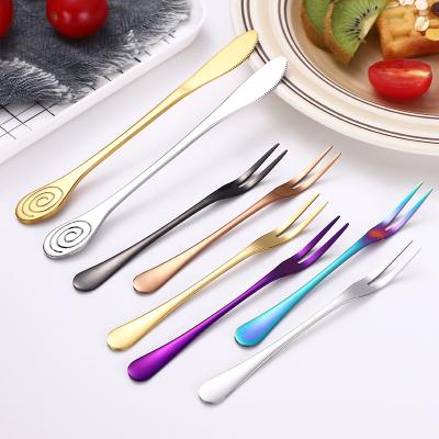 China Small Beautiful Viable Hot Selling Stainless Steel Fruit Fork Set Colorful Gold Dessert Mooncake Knife and Fork for sale