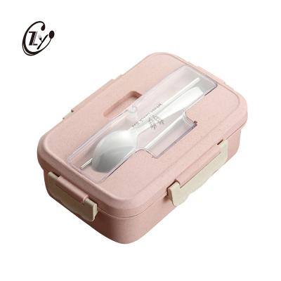 China 3 Compartment Food Container Wheat Straw Lunch Box With Spoon Sustainable Reusable Biodegradable Chopsticks for sale