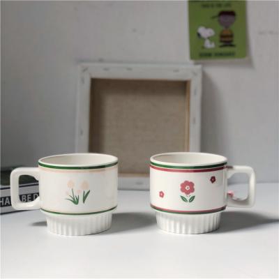 China Viable 300ml Flower Pattern Microwave Coffee Mugs Vintage Safe White Mug Ceramic Mugs for sale