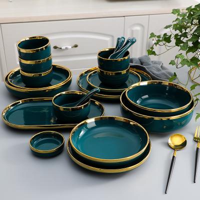 China Crokery Western Dark Green Gold Rim Fine Bone China Ceramic Dinner Bowl Bowls Dishes Dinnerware Sets for sale