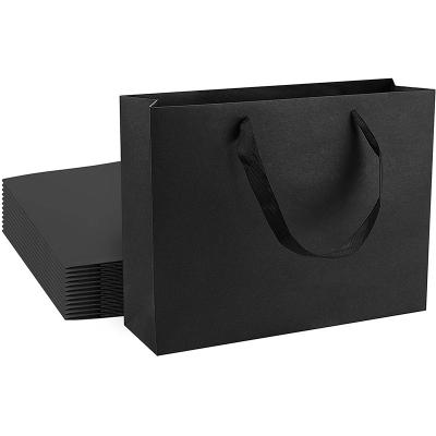 China Eco-friendly Luxury Coffee Kraft Gift Packaging Bags Bulk Black With Ribbon Handles For Gift Party Shopping Favor for sale