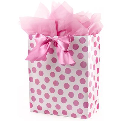 China Large High Performance Eco-Friendly Gift Bag With Pink Tissue Paper Polka Dots And Bow For Birthdays Easter Occasion Gift for sale