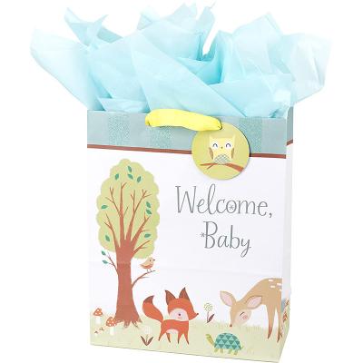 China Large Eco-friendly Colorful Coffee Kraft Gift Bag With Tissue Paper Woodland Animals Pattern For Baby Showers for sale