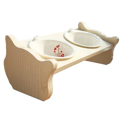 China Sustainable Bowls Original Double Designed Ceramic Cat Food Feeding Bowl With Wooden Rack for sale