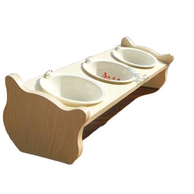 China Sustainable Three Bowl Original Designed Ceramic Cat Food Feeding Bowl With Wooden Stand for sale