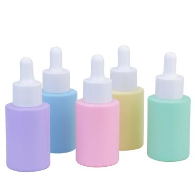 China Personal Care 30ml Flat Shoulder Green Pink Blue Purple Glass Dropper Bottle With White Lid 1oz Serum Glass Bottle for sale