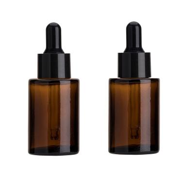 China Skin Care Packaging Serum Bottle 30ml Shoulder Beard Essential Oil Cosmetic Flat Glass Dropper Bottle 3 Color for sale