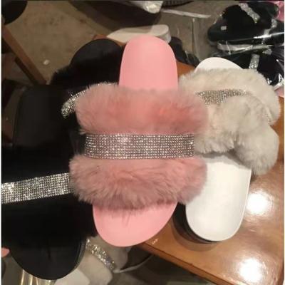 China Fuzzy Shoes Faux Fox Fur fluffy hairy sandal ab diamond fashion slippers fluffy sandals women sandals durable faux stone ladies slippers for sale