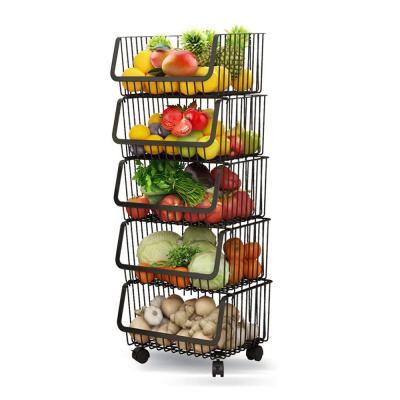 China Metal Wire Basket Stackable Rolling Serving Organizer 5 Tier Sustainable Cover Cart Fruit Vegetable Basket Shelf Storage with Wheels for sale