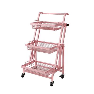 China Desgin Modern Parallel Folding 3-Tier Household Cart Rolling Bakers Metal Trolley Standing Kitchen Serving Cart for sale