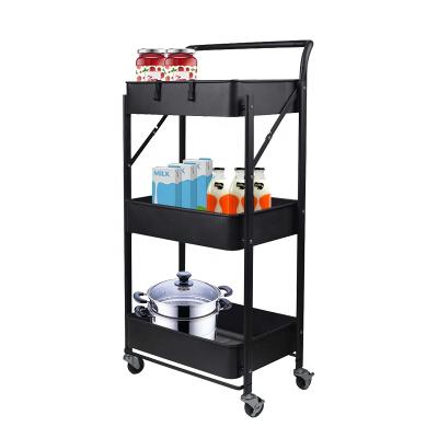 China Corrosion Protection Folding 3-Tier Utility Rolling Cart On Wheels Storage Cart For Home for sale