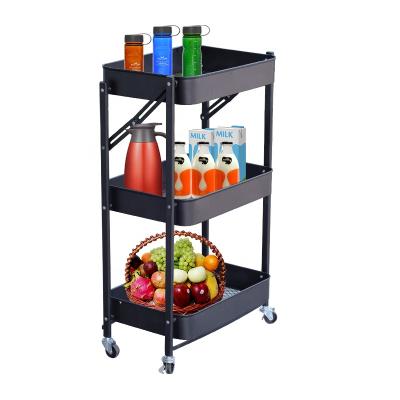 China Corrosion Protection 3 Tier Trolley Collapsible Folding Storage Rolling Utility Cart With Wheels for sale