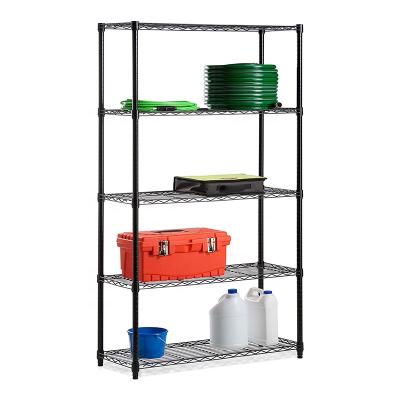 China Corrosion Protection 5-Tier Storage Shelf Wire Shelving Unit Chrome Shelving Free Standing Rack with Adjustable Leveling Feet, Stainless Side Hooks for sale