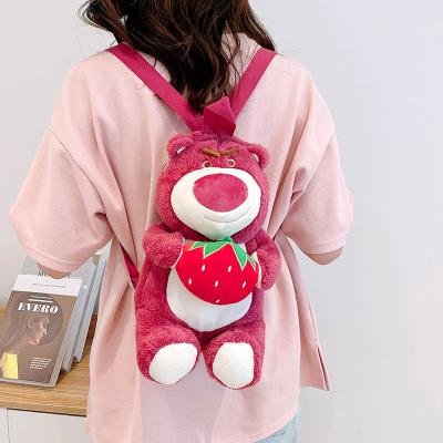 China Portable Cute strawberry bear Soft plush toy doll bag girls bear plush doll backpack wholesale for sale