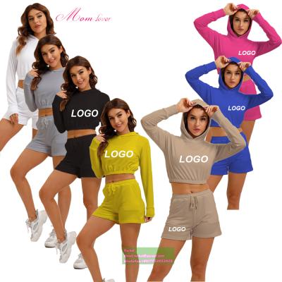 China Wholesale Custom Logo Breathable 2 Piece Sportwear Long Sleeve Top Hoodie And Shorts Women Sweatsuit Set for sale