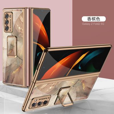 China 2021 Newest Shockproof Painted Plated Tempered Glass Mobile Phone Case Cover For Samsung Galaxy Z Fold 2 5G With Ring Bracket for sale