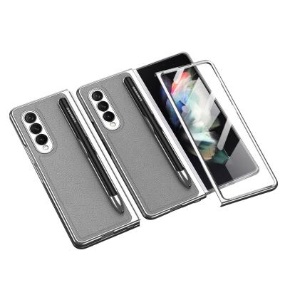 China Scasync Shockproof Shockproof Plating PC Leather Phone Case Cover For Samsung Z Fold 3 5G Case With S Pen Slot for sale