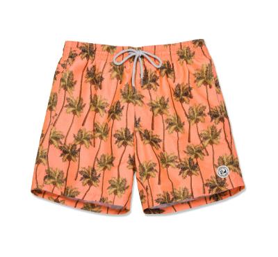 China Anti-Wrinkle Swim Trunks Orange Coconut Tree Printing Breathable 100% Polyester Mens Swimwear Mens Swimming Shorts for sale