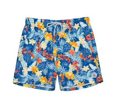 China hot sale Anti-wrinkle beautiful swim trunks blue flowers printing 100% polyester men's swimwear lightweight men's swim trunks for sale