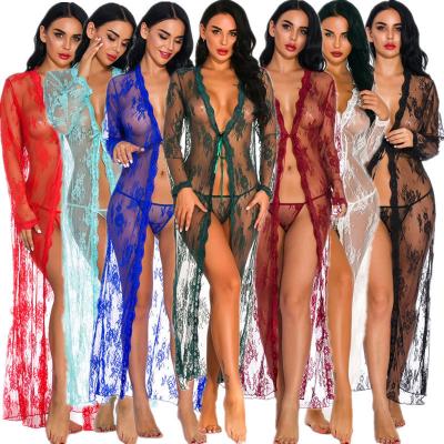 China Wholesale Lace Teen Girls Sexy Lingeries Women Plus Size Lace Up Mesh Lingerie Kimono Pajamas Sexy Transparent Pajamas Long Chemise for sale