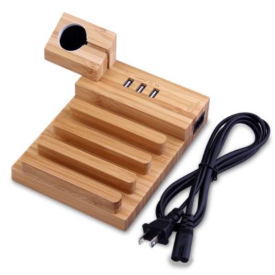 China Environmental Friendly Bamboo Tablet Cable Charger Organizer Mobile Phone Charge Station with 3 Port USB Charger for sale