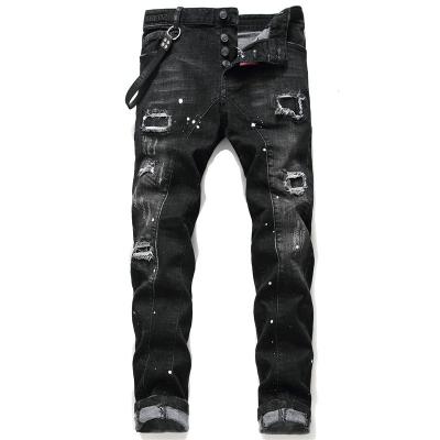 China Youth Breathable Black Waist Casual Micro Elastic Denim Pants European and American Men's Slim Cut Patch Jeans for sale