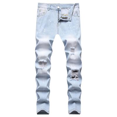 China European and American Casual Non-elastic Pants Hole Waist Extender Waist Breathable Light Blue Jeans for sale