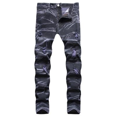 China Breathable men European and American large size straight jeans stretch personality tie dye ripped jeans for sale