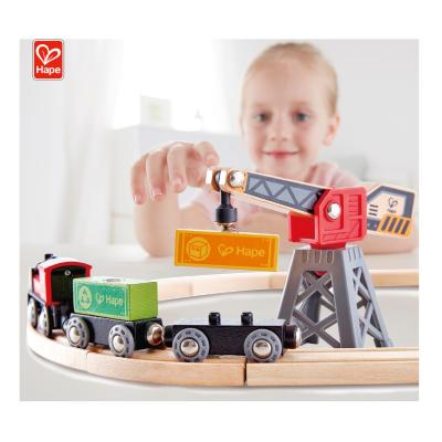 China Compatible With Most Other Wooden Railway Sets Hape High Quality Cargo Delivery Buckle Big Wooden Slot Toys Electric Train Toy Railway Set for sale