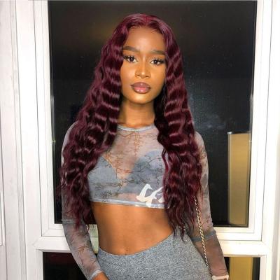 China Deep Wave Virgin Cuticle Aligned Burgundy Color Peruvian Human Hair Lace Wigs 99J Deep Wave Human Hair Frontal Wigs Lace Front for sale