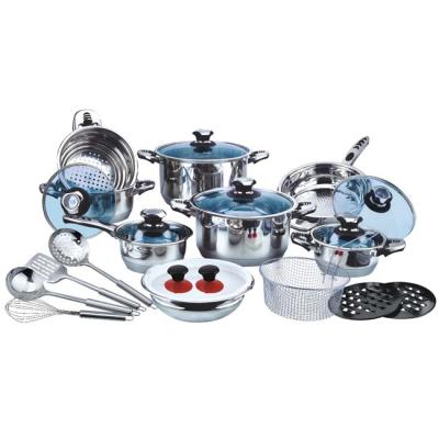 China Sustainable heavy bottom cookware set with glass bule SS cookware set for sale