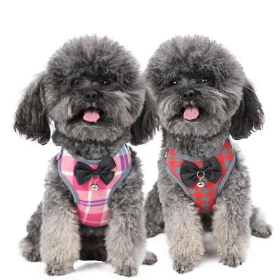 China Small Cute Padded Dog Bells Bow Tie Vest Soft Nylon Mesh Pet Harness And Leash Set Free Sample Service Dog Harness With Leash for sale