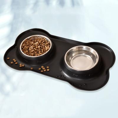 China Automatic Dog Feeding Double Rolls Stainless Steel Water And Food Feeder With Non Skid Resistant Silicone Mat For Pets Puppy for sale