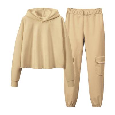 China Oversized Anti-pilling Suit Cotton Two-Piece Tracksuit Sets Autumn Solid Elastic Jogger Set Trouser Sweatshirt Crop Tops Female Hoodie for sale