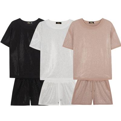 China US Size 2022 QUICK DRY Women's Short Sleeves Set Rhinestone Women 2 Piece Set Casual Outfits Fashion O Neck T-Shirt Lace Up Shorts Set for sale