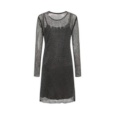 China Anti-Static European Style Sexy Elegant Pearl Beading Women Ladies Long Sleeve Crew Neck Diamond Insert Crystal Logo Printed Mesh Mini Dress for sale