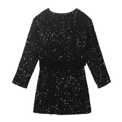 China Anti-Wrinkle Women 2022 Plus Size Sexy Tie Boutique Long Sleeve Club Party Evening Sparkle Mirror Sequin Pantyhose Dresses for sale