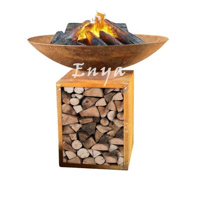 China Rusty Stocked 30 Inch Garden Cooking BBQ With Outdoor Log Storage Fire Pits for sale