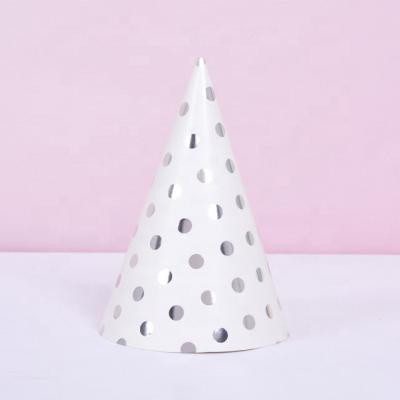 China Elegant Shiny Silver Striped Hot Stamping Dot Birthday Disposable Party Paper Hat For Party Decoration for sale