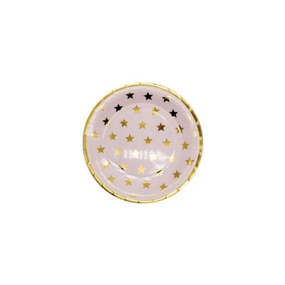 China Country Party Pentagon Pattern Pink Background Christmas Gold Foiled Paper Plates for sale