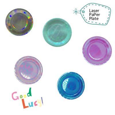 China Party Props Stocked Shinning Colored Laser Style 7/9 Inch Parts Paper Plate Tableware Sets for sale